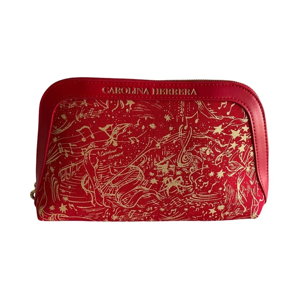 Carolina Herrera Red & Gold Cosmetic Bag Makeup Pouch Zip Travel Case